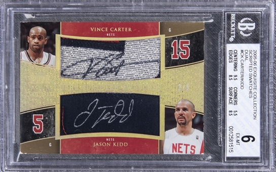 2005-06 UD "Exquisite Collection" Scripted Swatches Dual #CK Vince Carter/Jason Kidd Dual Signed Game Used Patch Card (#2/5) – BGS EX-MT 6/BGS 10